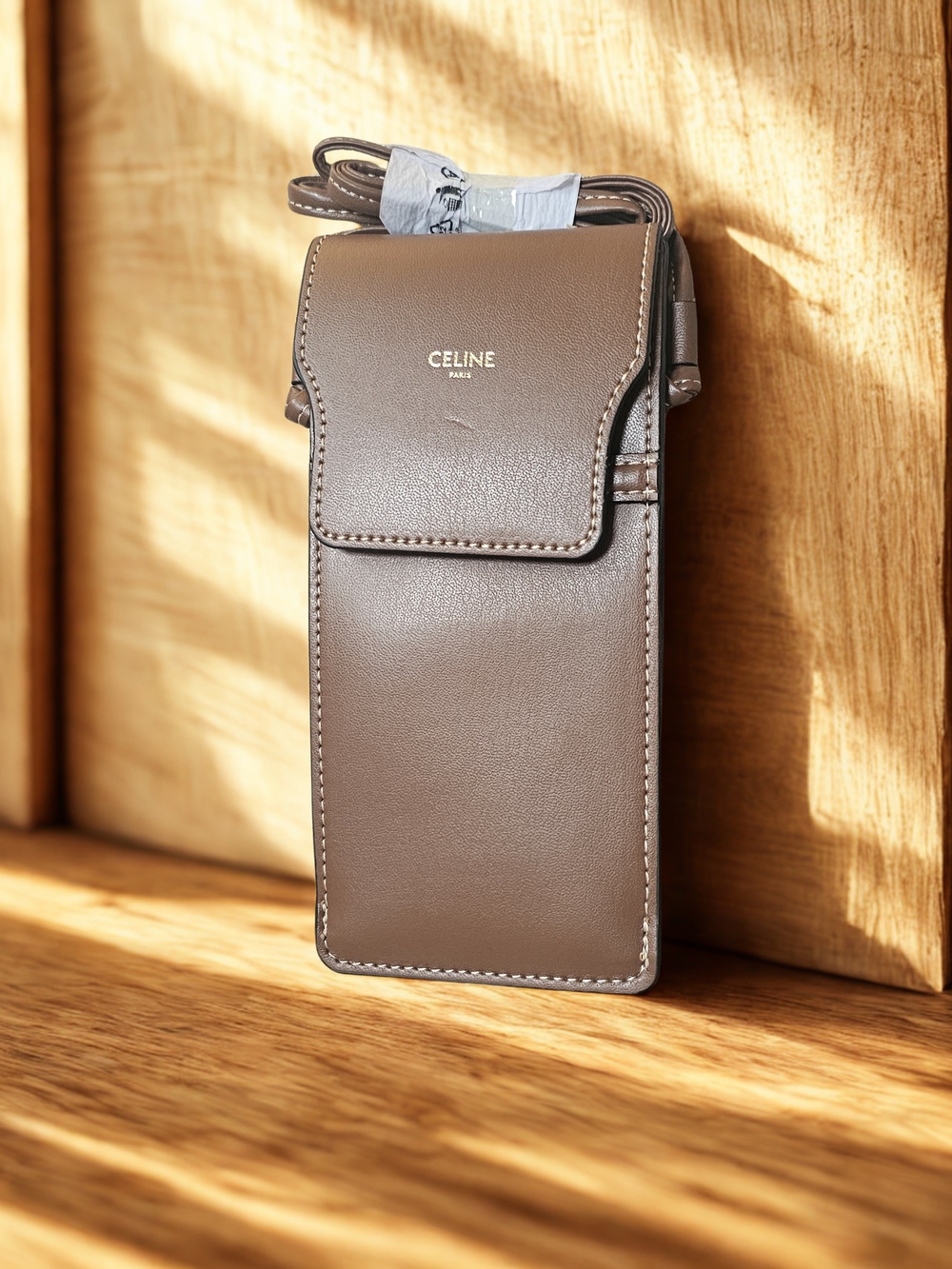 Celine Taupe Brown Leather Crossbody Phone Pouch